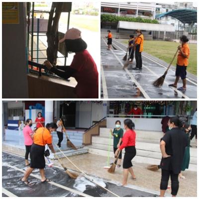 โรงเรียนทำความสะอาดห้องเรียน Big Cleaning Day ซึ่งเป็นมาตรการในการป้องกันการแพร่ระบาดของไวรัสโคโรน่า (COVID -19)